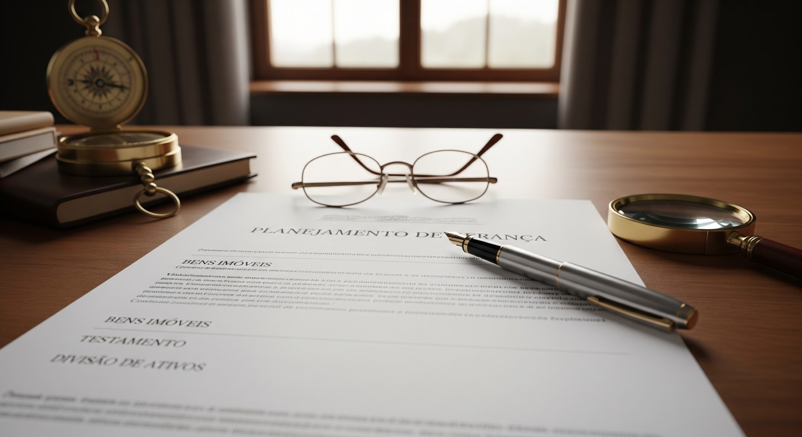 Imagem de uma mesa de escritório com documentos, óculos, uma lupa e uma caneta, representando planejamento financeiro e organização financeira.