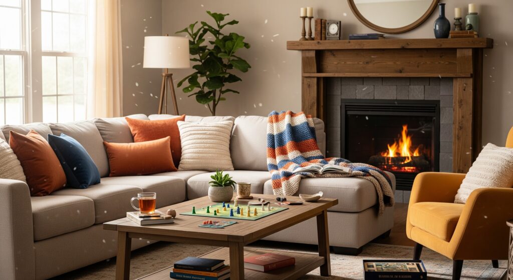Sala de estar aconchegante decorada de forma moderna e confortável, com sofá cinza, cadeira amarela, lareira de pedra, e detalhes decorativos em cores quentes, criando um ambiente ideal para descanso e convivência familiar.